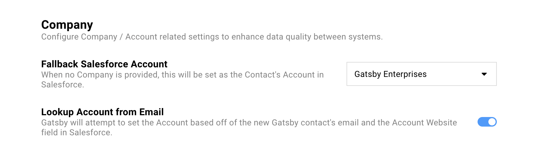 Fallback Account configuration in Gatsby showing Salesforce account lookup for new contacts