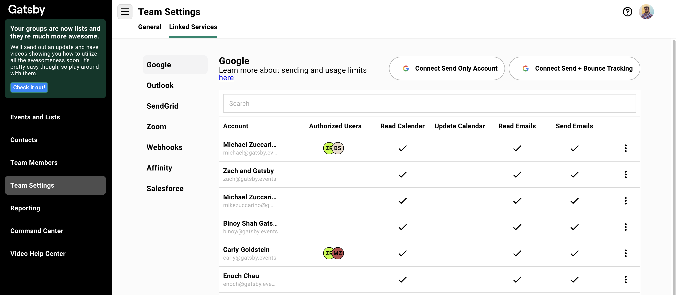 Linked Services page in Team Settings showing Google and Microsoft account connections